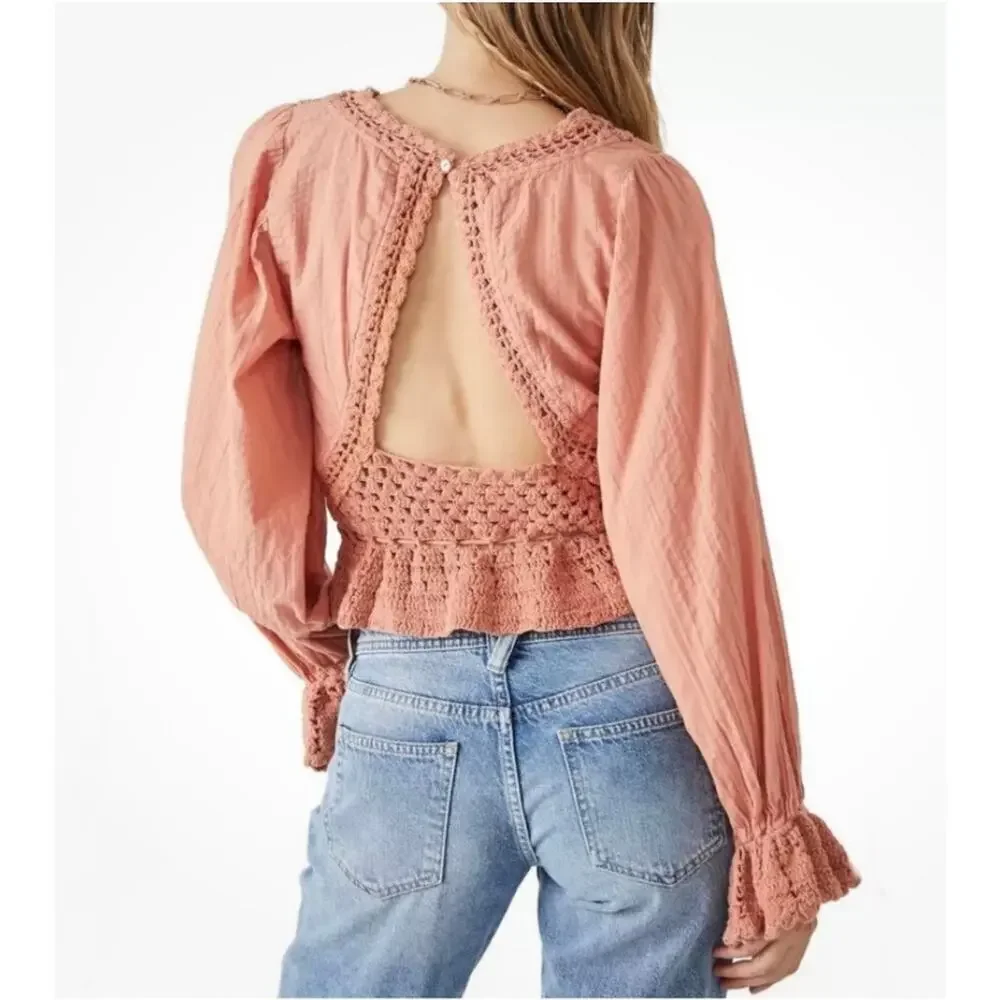 Free People Megan Crochet Knit Peplum Puff Sleeve Top Coral Sand Size Small NWOT